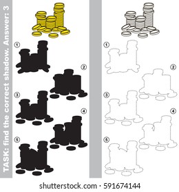 Coins cash with different shadows to find the correct one, compare and connect object with it true shadow, the educational kid game with simple gaming level.