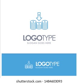 Coins, Cash, Money, Down, Arrow Blue outLine Logo with place for tagline. Vector Icon Template background