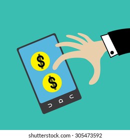 Coins in cellphone with hand grab vector.