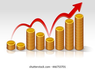 coins chart rise illustration vector on a light background with a red arrow