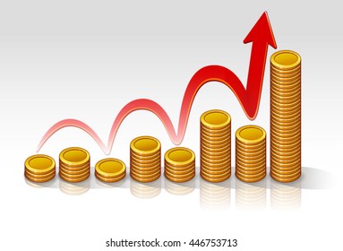 coins chart rise illustration vector on a light background with a red arrow
