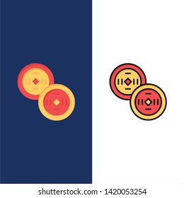 Coins, China, Chinese  Icons. Flat and Line Filled Icon Set Vector Blue Background