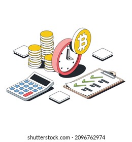 Coins Uhr bitcoin, Rechner, Prüfzeichen, Zwischenablage. 3D Linie isometrisch, Farbe Web-Symbole, neue flache Stil. Kreative Illustration, Design-Idee für Infografiken.