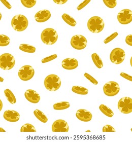 Coins with clover icons and different turns. Festive seamless pattern for St. Patrick's Day from falling money.