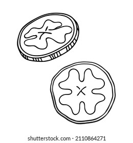 Coins with clover. The logo of the coins for St. Patrick's Day. Isolated vector element of the black line.