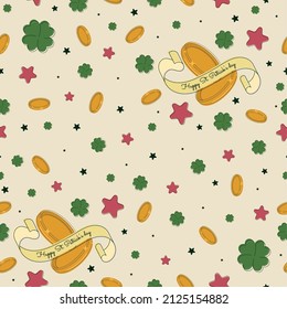 Coins and clovers background Happy St Patricks day poster Vector