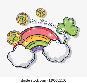 coins with clovers plants and rainbow with clouds