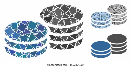 Coins composition of abrupt parts in variable sizes and color tints, based on coins icon. Vector bumpy items are united into collage. Coins icons collage with dotted pattern.