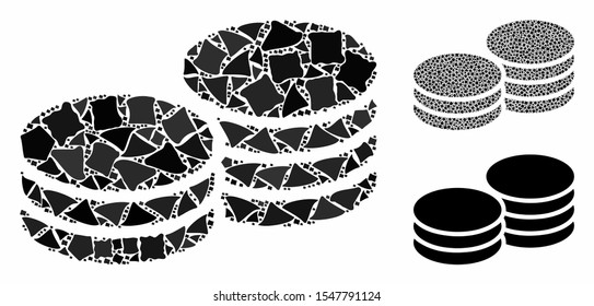 Coins composition of ragged parts in variable sizes and shades, based on coins icon. Vector irregular parts are united into collage. Coins icons collage with dotted pattern.