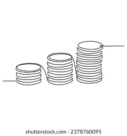 Coins continuous line drawing. Stack of coins penny cents. Vector illustration isolated on white background. Minimalist design handdrawn.