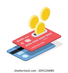 Coins Kreditkarten. 3D Linie isometrisch, Farbe Web-Symbole, neue flache Stil. Kreatives Design für Infografiken.