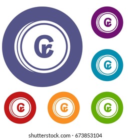 Coins cruzeiro icons set in flat circle reb, blue and green color for web