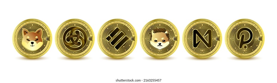 Coins crypto currencies Shiba Inu, Astar, NEAR Protocol, Binance USD, Polkadot, Dogelon Mars. Future currency on blockchain stock market. Gold token cryptocurrency. Isolated Vector. svg