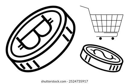 Coins with cryptocurrency symbols and a shopping cart outline in black and white. Ideal for e-commerce, digital transactions, cryptocurrency, online shopping, and financial technology. Simple drawing