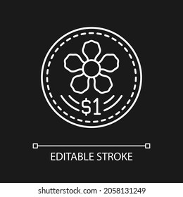 Coins design white linear icon for dark theme. Singapore dollar. Orchid design in centre. Thin line customizable illustration. Isolated vector contour symbol for night mode. Editable stroke