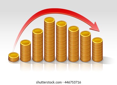 Coins diagram drop vector illustration on a light background with a red arrow