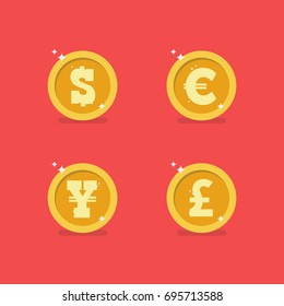 Coins of different currencies. Dollar, Euro, yen, pound sterling