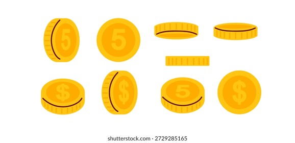 Moedas em diferentes posições em diferentes lados com número 5 e com sinal de dólar, motivo financeiro estilizado. Doodle ilustração vetorial para orçamento, contagem, educação financeira