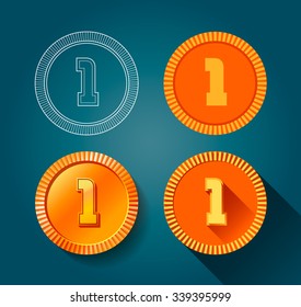 Coins in different styles. Line art, flat, long shadows, gradient