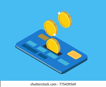 Coins Discounted On Credit Card. Vector Isometric