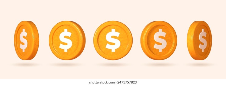 Coins displayed in various positions. Collection of 3D money depicted from different points of view. Vector illustration.