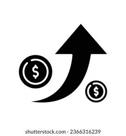 Monta dólar con el icono de glifo flecha hacia arriba. Aumento de la tasa en dólares. Rentabilidad de la inversión al alza. ganancias de capital, beneficios. pictograma de crecimiento del mercado. Ilustración vectorial. Diseñar EPS 10