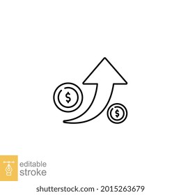 Coins dollar with arrow up line icon. Increase of dollar rate. Return on investment upwards capital earning benefit. market growth editable stroke Vector illustration Design on white background EPS 10