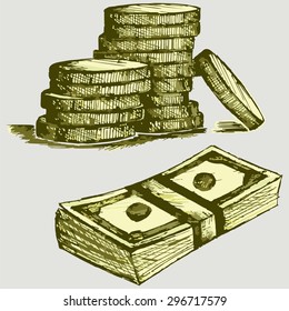 Coins with dollar bill. Vector Image  