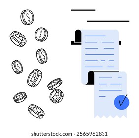 Coins with dollar and bitcoin symbols floating next to a long printed receipt with a blue checkmark. Ideal for finance, cryptocurrency, accounting, transactions, digital payments. Flat style