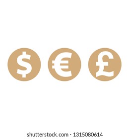 Coins dollar, euro, pound sterling, currency symbols, finance vector illustration isolated on white background