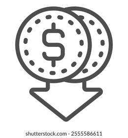 Coins dollar falling down line icon, financial item concept. Vector graphics. Cent money sign on white background, outline style icon for mobile or web design.