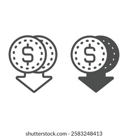 Coins dollar falling down line and solid icon, financial item concept. Vector graphics. Cent money sign on white background, outline style icon for mobile or web design.