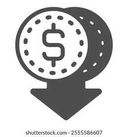 Coins dollar falling down solid icon, financial item concept. Vector graphics. Cent money sign on white background, glyph style icon for mobile or web design.