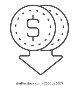 Coins dollar falling down thin line icon, financial item concept. Vector graphics. Cent money sign on white background, outline style icon for mobile or web design.