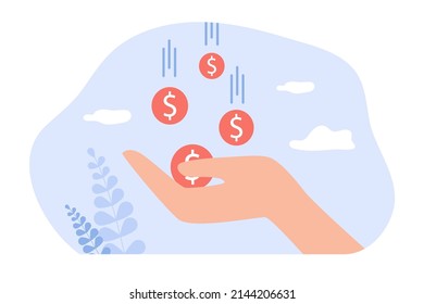 Coins with dollar sign falling on hand. Person getting money or cash from bank, financial growth flat vector illustration. Banking, finances, development, profit concept for banner or landing web page