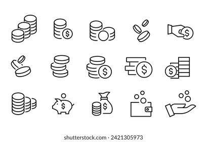 Juego de iconos de signo de monedas y dólares. Moneda de dinero Pago , Juego de iconos de línea de financiación de negocios, ataque editable aislado en blanco, ilustración lineal de contorno vectorial, estilo de diseño de logotipo de símbolo