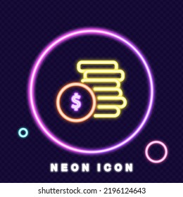 Coins with dollar sign line icon. Financial management, cent, savings, income, cheap, bank deposit, pay, payment, expense. Money concept. Neon glow style. Vector line icon for Business and Advertising