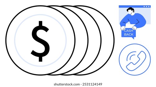 Moedas com um cifrão, pessoa segurando um sinal de cashback e um ícone de chamada telefônica. Ideal para serviços financeiros, comércio eletrônico, suporte ao cliente, serviços bancários e economia de dinheiro. Estilo de design minimalista