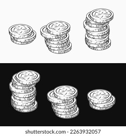 Monedas con signo de dólar. Pequeñas, medianas y grandes pilas. Conjunto de elementos de diseño en estilo retro. Vista lateral. Ilustración vectorial detallada en estilo vintage sobre fondo blanco y negro