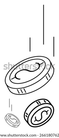 Coins with dollar signs falling from the sky, representing financial instability or economic decline. Ideal for finance, economics, banking, business, investment risk, economic crisis wealth. Line