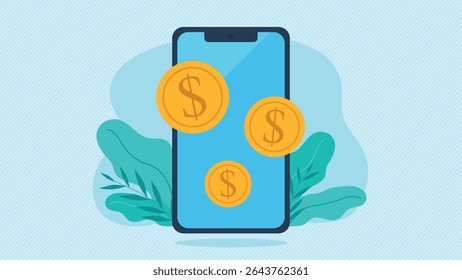 Coins with dollar symbol on mobile phone screen. Online payments. Shopping and mobile payments over the internet. Digital money. Vector graphics in flat style.
