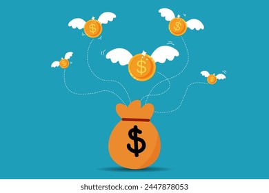 Coins dollar with wings flying over money sack. Lost money concept.