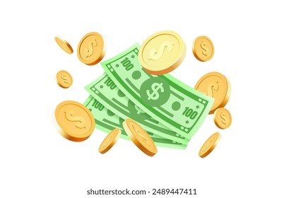 Coins and dollars, golden prize, sale offer, winner cash. Vector illustration