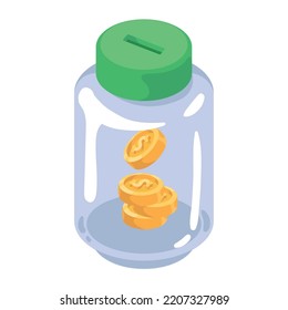 coins dollars in jar isometric icon