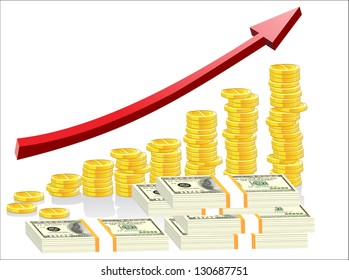 Coins, dollars and red arrow isolated on white