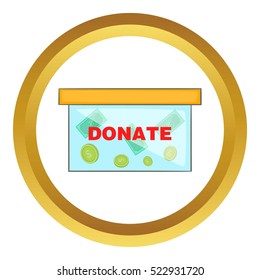 Coins in donate box vector icon in golden circle, cartoon style isolated on white background