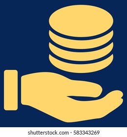 Coins Donation Hand vector pictogram. Illustration style is a flat iconic yellow symbol on blue background.