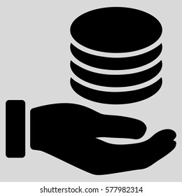 Coins Donation Hand vector pictograph. Illustration style is a flat iconic black symbol on light gray background.