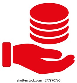 Coins Donation Hand vector pictograph. Illustration style is a flat iconic red symbol on white background.