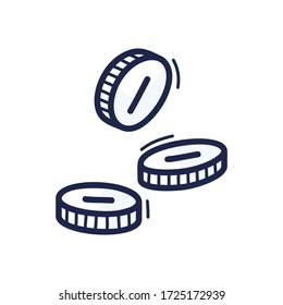 Coins doodle icon. Vector illustration of a coin, money falling from above Hand drawn.